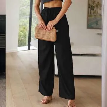 Duyang Womens Cotton Linen Palazzo Pants Drawstring Elastic Waist Casual Wide Leg Trousers with Pockets(Black,XL)