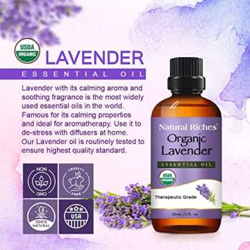 Natural Riches Organic Lavender Essential Oil with Premium Therapeutic Quality Pure USDA Certified - for Diffuser, Aromatherapy, Sleep, Meditation, Candles & Massage - 1 fl. oz.