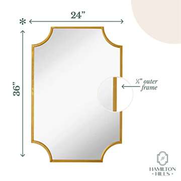 Hamilton Hills Metal Framed 24x36 inch Gold Scalloped Mirror - Large Rectangle Decorative Mirrors for Wall Decor - Wall Mounted Frame Brass Mirror Bathroom Vanity Hanging Horizontal and Vertical