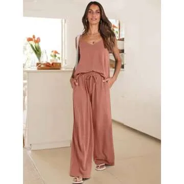 ANRABESS Women's 2 Piece Linen Lounge Set Casual Matching Pants Jumpsuit Summer Beach Travel Vacation Trendy Outfits Rust Small
