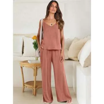 ANRABESS Women's 2 Piece Linen Lounge Set Casual Matching Pants Jumpsuit Summer Beach Travel Vacation Trendy Outfits Rust Small