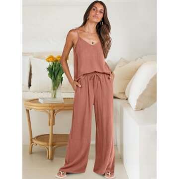 ANRABESS Women's 2 Piece Linen Lounge Set Casual Matching Pants Jumpsuit Summer Beach Travel Vacation Trendy Outfits Rust Small