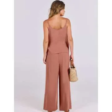 ANRABESS Women's 2 Piece Linen Lounge Set Casual Matching Pants Jumpsuit Summer Beach Travel Vacation Trendy Outfits Rust Small
