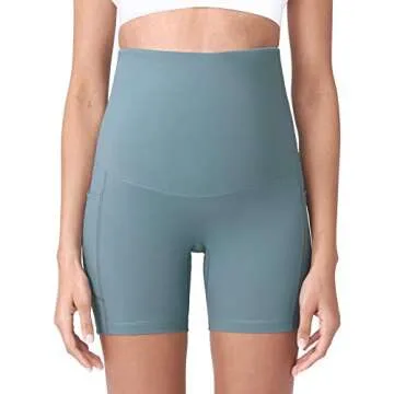 POSHDIVAH Women's Maternity Yoga Shorts Over The Belly Bump Summer Workout Running Active Short Pants with Pockets Light Green 5" Large