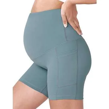 POSHDIVAH Women's Maternity Yoga Shorts Over The Belly Bump Summer Workout Running Active Short Pants with Pockets Light Green 5" Large