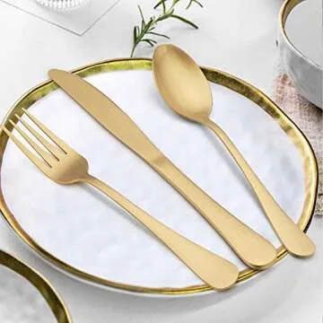 LIANYU 20 Piece Matte Gold Silverware Set, Stainless Steel Gold Flatware Cutlery Set for 4, Fancy Kitchen Utensil Tableware for Home Restaurant Party, Satin Finish, Dishwasher Safe