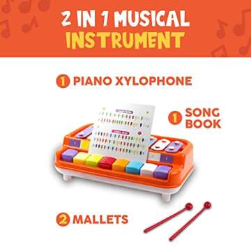 Toysery 2 in 1 Baby Piano Xylophone for Toddlers. Piano Toy Musical Instrument with 8 Multicolored Key Scales in Crisp and Clear Tones. Mallet Included. Ages 3 Years and Above.