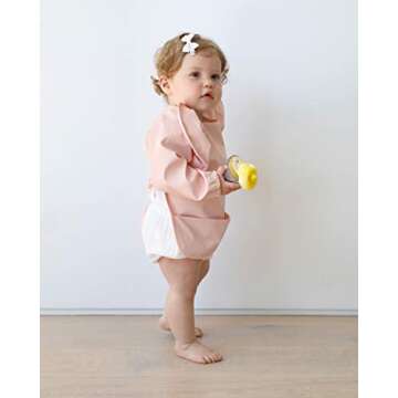 WILLOW + SIM Waterproof Long Sleeve Baby Bibs for Baby Girl, Waterproof Bibs - Wipe Clean, Washable - Long Sleeve Feeding Bibs for Babies & Toddler with Food Catcher - Wearable Baby Smock for Eating