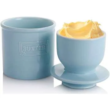 AVLA 2 Pack Ceramic Butter Crock, French Butter Dish with Water Line, Butter Keeper Butter Container for Countertop, Big Capacity, Aqua Blue