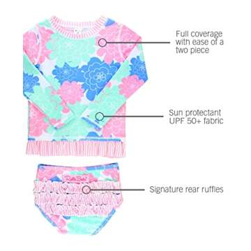 RuffleButts® Girls Pastel Floral Long Sleeve UPF 50+ Rash Guard Bikini Swimsuit - 2T