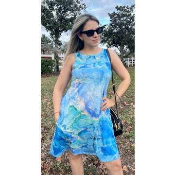 elescat Sleeveless Summer Dresses for Women - Comfortable Cotton Sundress with Pockets in Blue Tie D...