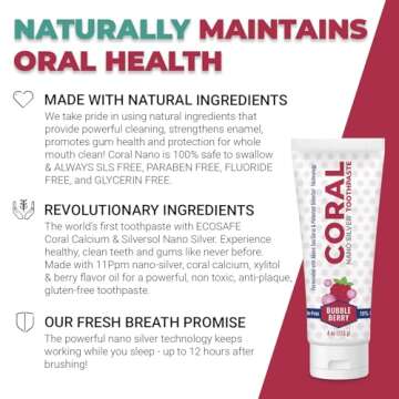 Coral Nano Silver Bubble Berry Kids Toothpaste, Natural Fluoride Free Teeth Whitening Toothpaste, Coral Calcium Nano Silver Infused SLS Free - 4 Ounces