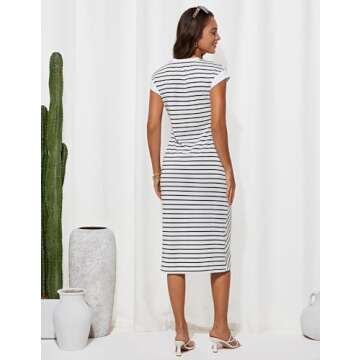 GRACE KARIN Women's Summer Striped Round Neck Cap Sleeve Casual Tie Waist Side Split Bodycon Pencil Midi Dresses