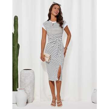 GRACE KARIN Women's Summer Striped Round Neck Cap Sleeve Casual Tie Waist Side Split Bodycon Pencil Midi Dresses