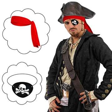 12 Pieces Halloween Pirate Party Supplies, Pirate Accessories Include 6 Red Pirate Head Bandana Tie Headband Sports Headwear Ties 6 Black Felt Pirate Captain Eye Patches Skull Crossbones for Party