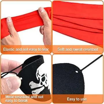 12 Pieces Halloween Pirate Party Supplies, Pirate Accessories Include 6 Red Pirate Head Bandana Tie Headband Sports Headwear Ties 6 Black Felt Pirate Captain Eye Patches Skull Crossbones for Party