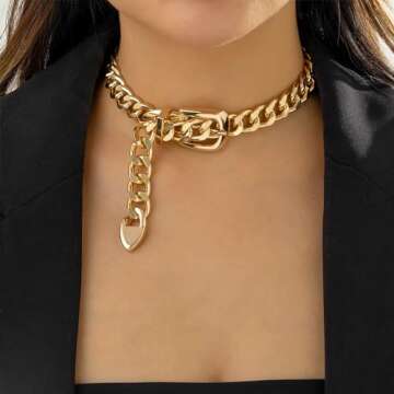 Cuban Link Chain Necklace Punk Belt Buckle Shaped Chunky Choker Necklace Statement Thick Chain Neckl...