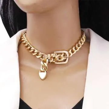 Cuban Link Chain Necklace Punk Belt Buckle Shaped Chunky Choker Necklace Statement Thick Chain Necklace Jewelry Gifts for Women Men