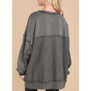 AlvaQ Oversized Sweatshirts Hoodies for Women Fall Button V Neck Pullover Sweatshirt Loose Casual Comfy Fall Fashion Outfits Clothes 2024 Medium Grey Large