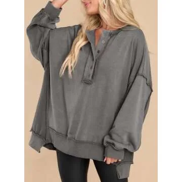 AlvaQ Oversized Sweatshirts Hoodies for Women Fall Button V Neck Pullover Sweatshirt Loose Casual Comfy Fall Fashion Outfits Clothes 2024 Medium Grey Large