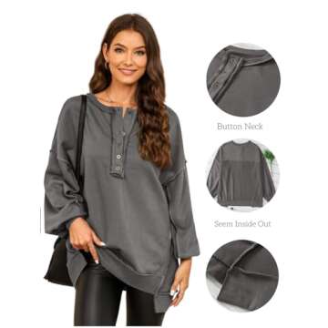 AlvaQ Oversized Sweatshirts Hoodies for Women Fall Button V Neck Pullover Sweatshirt Loose Casual Comfy Fall Fashion Outfits Clothes 2024 Medium Grey Large