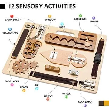 Montessori Busy Board for Toddlers, Wooden Sensory Toys, Preschool Learning Activities for Fine Motor Skills Travel Toy, Basic Life Skills Educational Gifts for 1, 2, 3 Years Old Kids Boys Girls