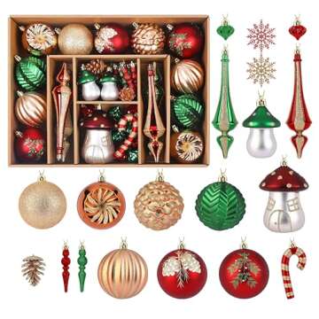 Alupssuc 52pcs Christmas Tree Ornaments Set, Plastic Shatterproof Hanging Baubles for Xmas Tree Deco...