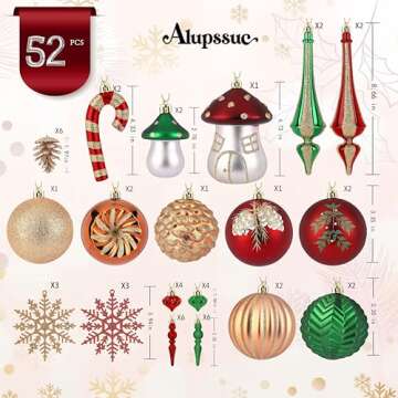 Alupssuc 52pcs Christmas Tree Ornaments Set, Plastic Shatterproof Hanging Baubles for Xmas Tree Decor, Holidays and Wedding Party Balls Decorations with a Forest Theme in Bronze Copper Gold & Green