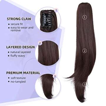 Brown Ponytail Extension,20" Clip Ponytail Hair Extensions Ponytail Claw Hair Ponytail Extension Natural Looking Synthetic Hairpiece for Women Dark Brown