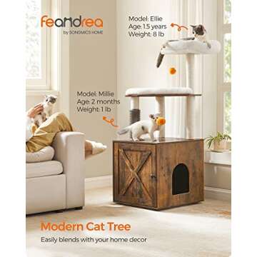 Feandrea Cat Tree with Litter Box Enclosure, 2-in-1 Modern Cat Tower, 52.8-Inch Cat Condo with Self ...