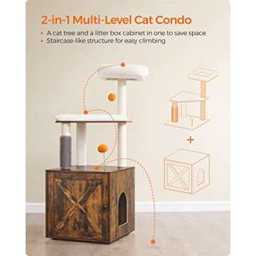 Feandrea Cat Tree with Litter Box Enclosure, 2-in-1 Modern Cat Tower, 52.8-Inch Cat Condo with Self Groomer, Scratching Posts, Washable Cushions, Rustic Brown UPCT115X01
