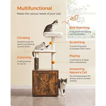 Feandrea Cat Tree with Litter Box Enclosure, 2-in-1 Modern Cat Tower, 52.8-Inch Cat Condo with Self Groomer, Scratching Posts, Washable Cushions, Rustic Brown UPCT115X01