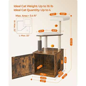 Feandrea Cat Tree with Litter Box Enclosure, 2-in-1 Modern Cat Tower, 52.8-Inch Cat Condo with Self Groomer, Scratching Posts, Washable Cushions, Rustic Brown UPCT115X01