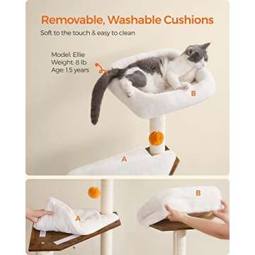 Feandrea Cat Tree with Litter Box Enclosure, 2-in-1 Modern Cat Tower, 52.8-Inch Cat Condo with Self Groomer, Scratching Posts, Washable Cushions, Rustic Brown UPCT115X01