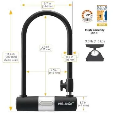 Bike U Lock with Cable | Via Velo Heavy Duty Anti-Theft Bicycle U Lock Sold Secure Silver 15mm Shack...