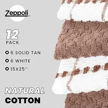 Zeppoli Classic Kitchen Towels - 12 Pack 100% Natural Cotton Kitchen Towel Set, Reusable Wash Cloths, Absorbent Dish Towels, Machine Washable Hand Towels, Kitchen Essentials, 15” x 25” - Tan Dobby