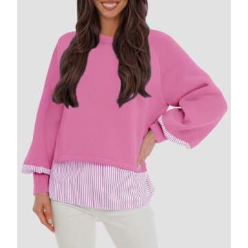 Fisoew Womens Oversized Sweatshirt Patchwork Long Sleeve Casual Pullover Tops Pink