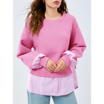 Fisoew Womens Oversized Sweatshirt Patchwork Long Sleeve Casual Pullover Tops Pink