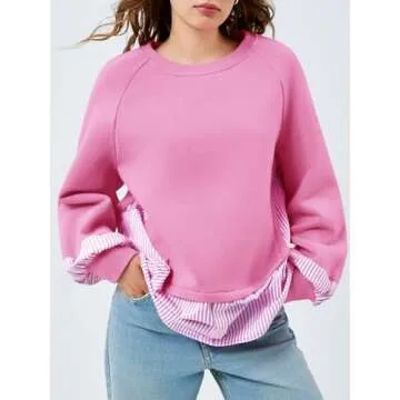 Fisoew Womens Oversized Sweatshirt Patchwork Long Sleeve Casual Pullover Tops Pink