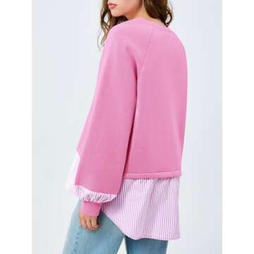 Fisoew Womens Oversized Sweatshirt Patchwork Long Sleeve Casual Pullover Tops Pink