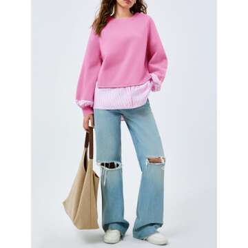 Fisoew Womens Oversized Sweatshirt Patchwork Long Sleeve Casual Pullover Tops Pink