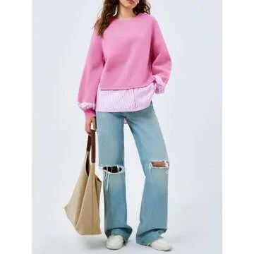Fisoew Womens Oversized Sweatshirt Patchwork Long Sleeve Casual Pullover Tops Pink