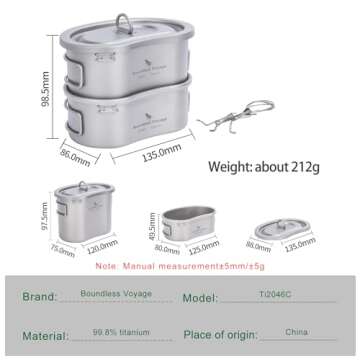 Boundless Voyage Titanium Canteen Mess Kit with Lid and Folding Handle Ultralight Portable Bowl Pot Cup Mug for Outdoor Camping Hiking Backpacking (Ti2046C (600ml+300ml))