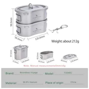 Boundless Voyage Titanium Canteen Mess Kit with Lid and Folding Handle Ultralight Portable Bowl Pot Cup Mug for Outdoor Camping Hiking Backpacking (Ti2046C (600ml+300ml))