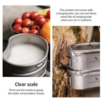 Boundless Voyage Titanium Canteen Mess Kit with Lid and Folding Handle Ultralight Portable Bowl Pot Cup Mug for Outdoor Camping Hiking Backpacking (Ti2046C (600ml+300ml))