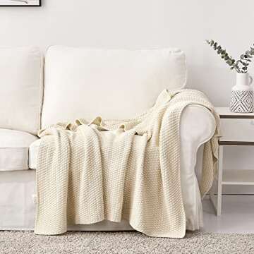 Longhui bedding Cream Knitted Throw Blanket for Couch, Soft, Cozy Machine Washable 100% Cotton Sofa Knit Blankets, Heavy 3.0lb Weight, 51 x 63 Inches, Beige Color