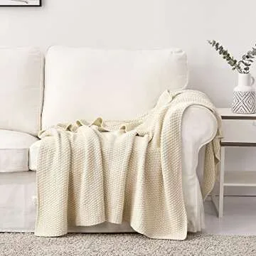 Longhui bedding Cream Knitted Throw Blanket for Couch, Soft, Cozy Machine Washable 100% Cotton Sofa Knit Blankets, Heavy 3.0lb Weight, 51 x 63 Inches, Beige Color