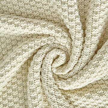 Longhui bedding Cream Knitted Throw Blanket for Couch, Soft, Cozy Machine Washable 100% Cotton Sofa Knit Blankets, Heavy 3.0lb Weight, 51 x 63 Inches, Beige Color
