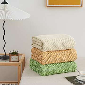 Longhui bedding Cream Knitted Throw Blanket for Couch, Soft, Cozy Machine Washable 100% Cotton Sofa Knit Blankets, Heavy 3.0lb Weight, 51 x 63 Inches, Beige Color