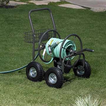 Most Popular Selling Portable Rolling Heavy Duty Steel Hose Reel Cart with Storage Basket Handle- Rust Resistant Polystyrene Finish- Lightweight Frame Pneumatic Tires- 250'of 5/8" Hose Capacity